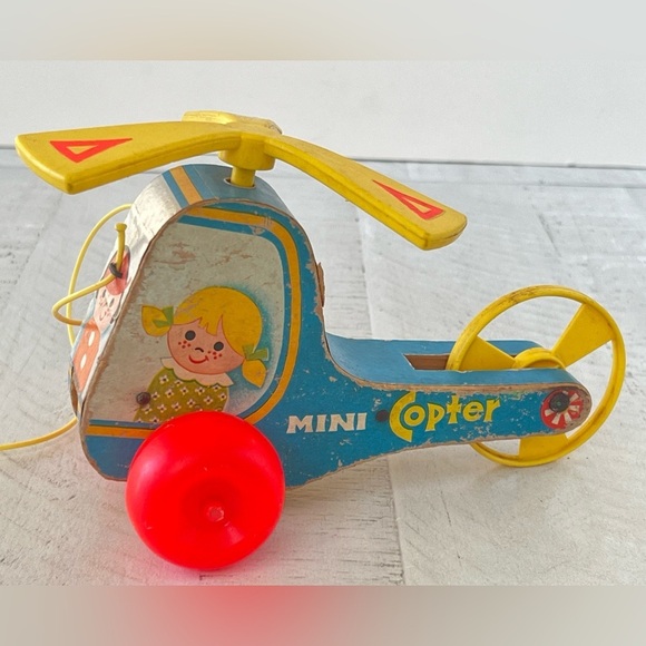 Vintage MINI-COPTER WHIRLYBIRD Fisher Price #448 Helicopter Wooden Pull Toy 1970 - Picture 1 of 9